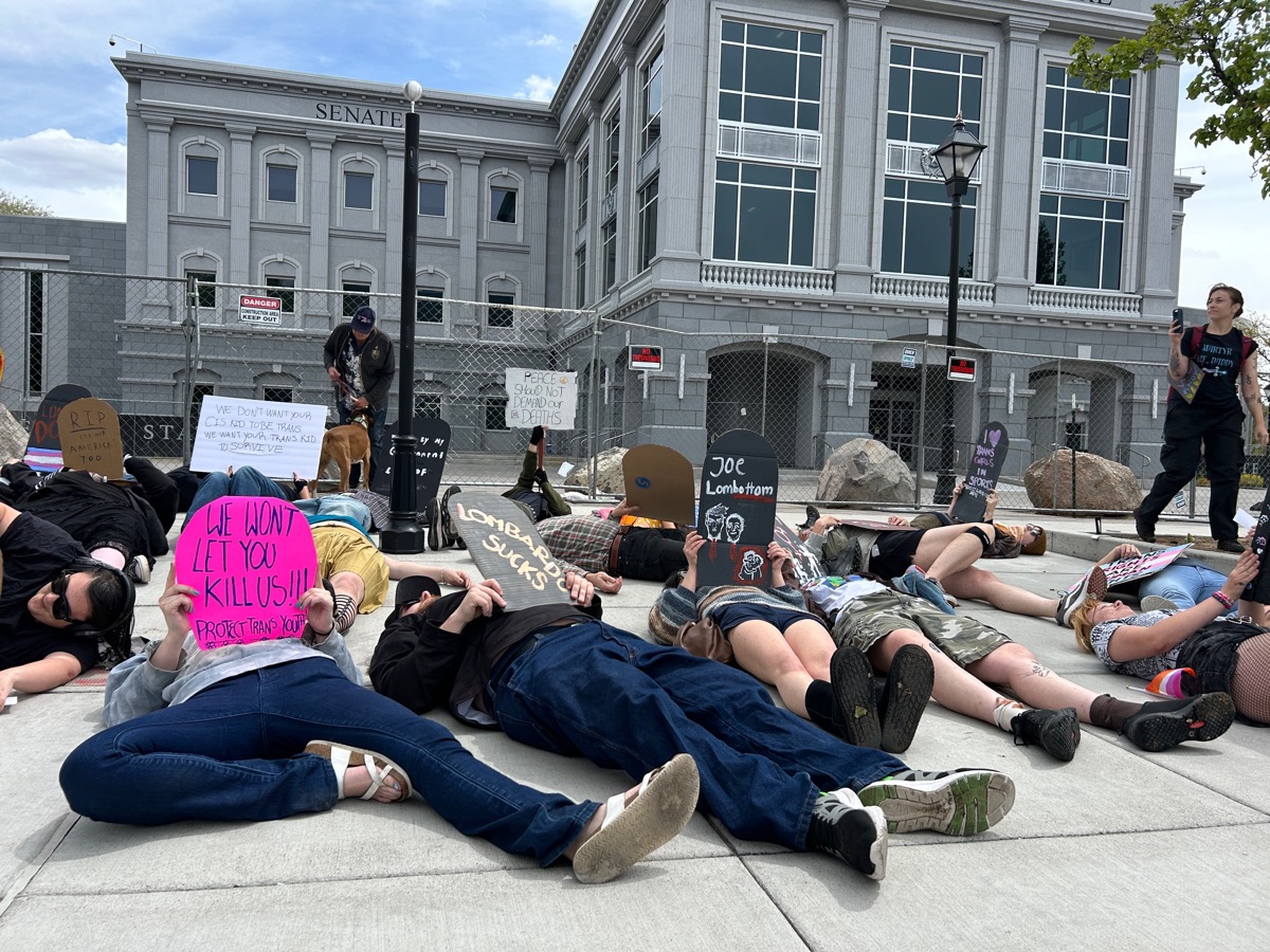 Wide view of die-in protest at the State Senate