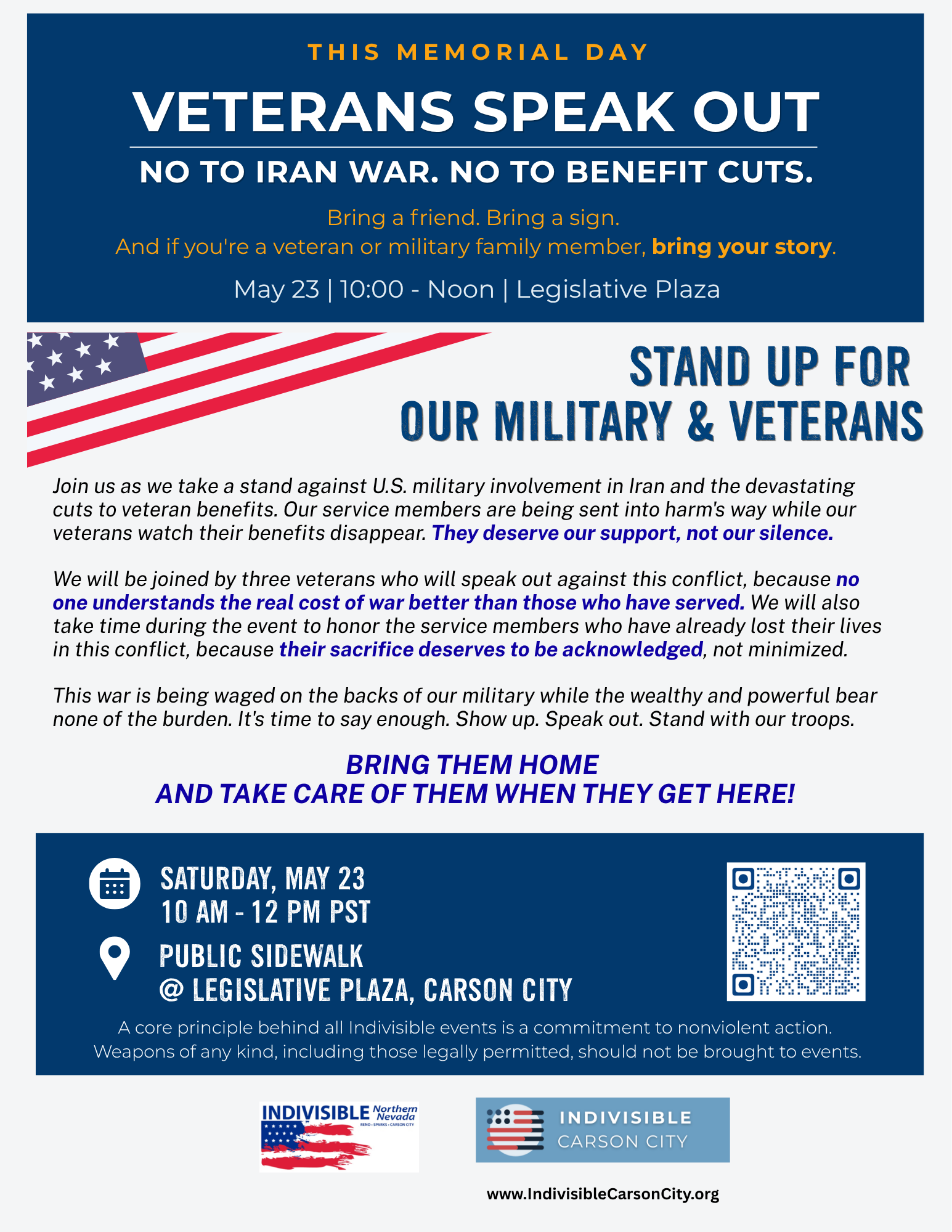 Veterans Speak Out — Memorial Day rally, May 23, 10 AM - Noon, Legislative Plaza, Carson City